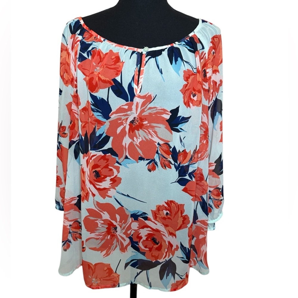 Ann Taylor Garden Boho 3/4 Sleeve shear Floral Blouse Size 14